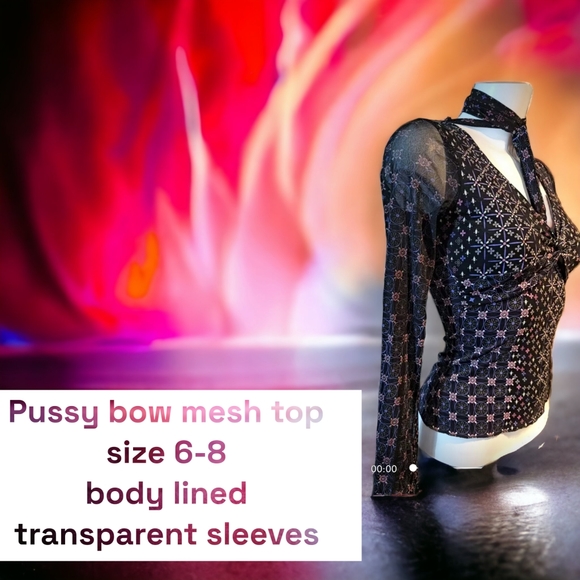 UK Size 6-8 cross wrap top, accentuates bust, transparent sleeves, pussybow tie - Picture 3 of 15